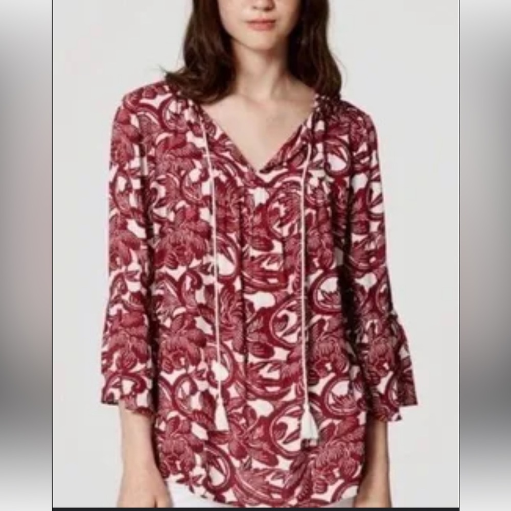 Loft Red Tasseled Peasant Blouse Size - Picture 1 of 7
